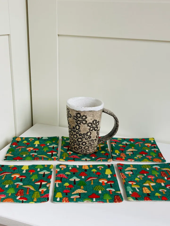 Coasters with Mushrooms Set of 6 Linen-cotton coasters 4.5'' x 4.5''