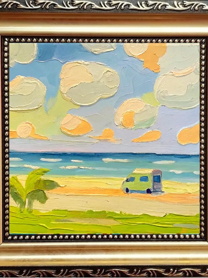 San Diego Beach Travel Original Art Impasto Oil Painting Small Camper Vanlife Impressionist Artwork Gift by ArtProkopaloSv