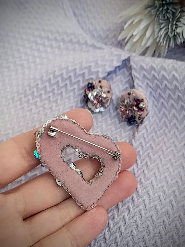 One of a kind pink handmade jewelry set heart brooch and earrings for women, valentines gift for her, heart jewelry