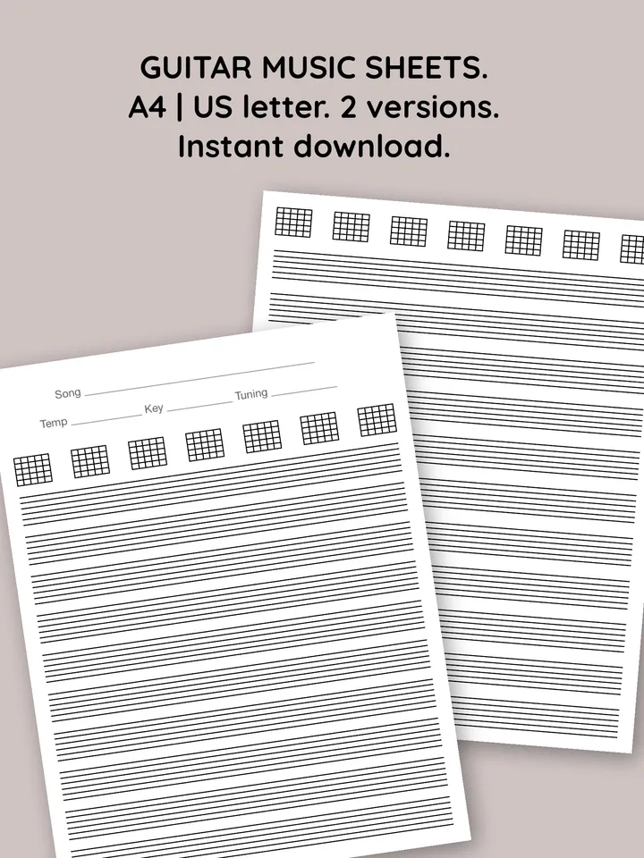 Printable guitar sheet music. Blank music tab sheets for guitar. Downloadable guitar.Blank guitar sheet with chord boxes