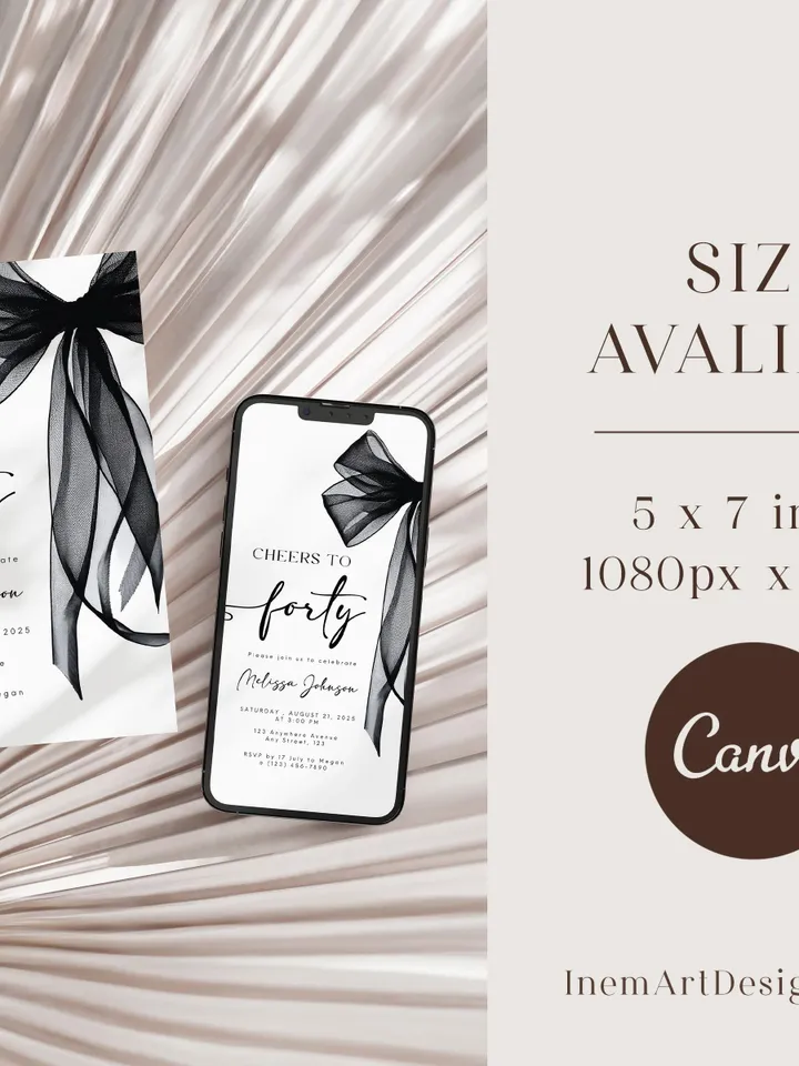 Coquette Black Bow 40th Invitation, Editable Fortieth Birthday Party Invite, DIY Digital Black Ribbon, Cheers to Forty Invite