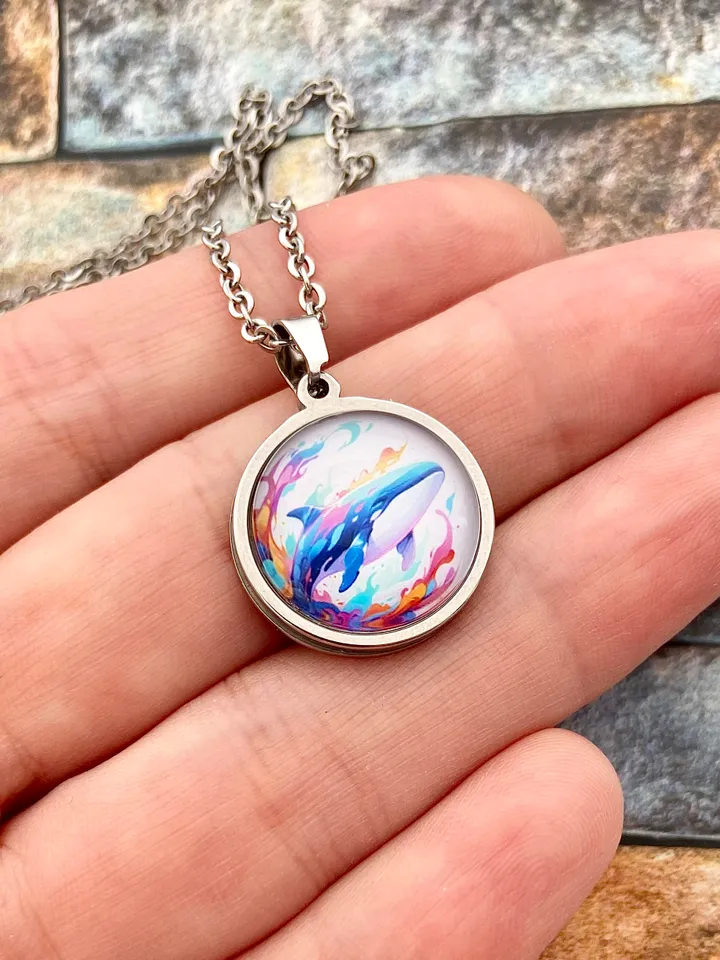 Whale necklace, steel pendant with glass, Sea animal lover gift