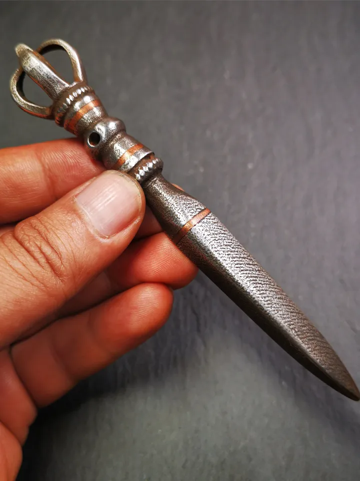 Gandhanra Handmade Tibetan Buddhist Ritual Implement - Kila -Dorje Phurba,Made of Cold Iron inlaid with Copper,5.1&quot;