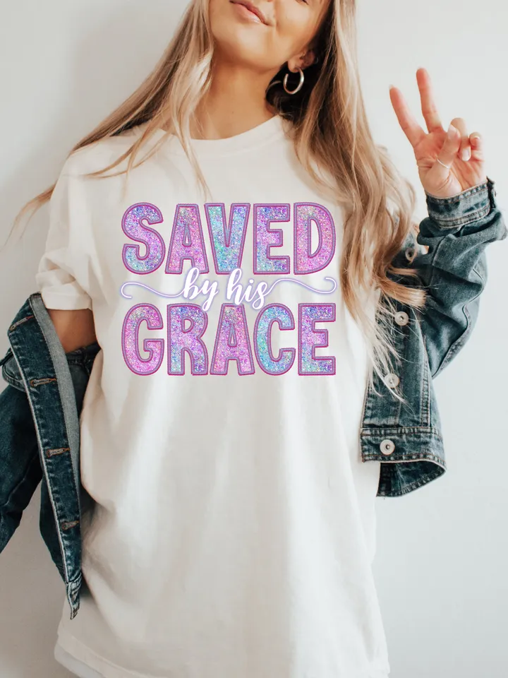 Saved By His Grace Faux Sequins Embroidered PNG, Easter Christian Png, Easter Bible Verse, Risen doodle png, retro easter png, Boho Design