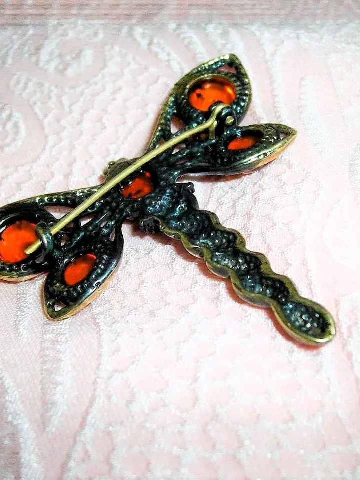 Cute Dragonfly insect brooch pin Gold antique Brass with Baltic Amber brooch Luck Nature jewelry for women and men