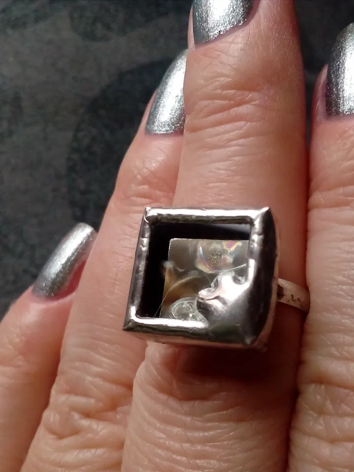 Mirror ring, squar ring, simple stained glass, tin soldered glass ring, old amalgam, scrying mirror ring, glass ring