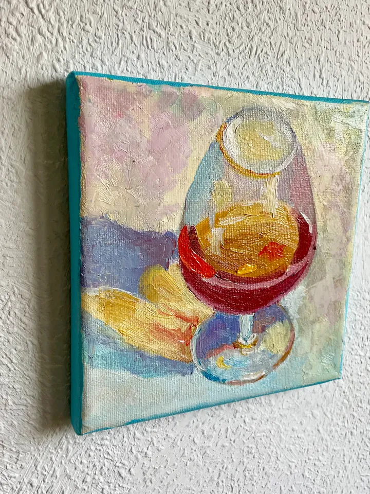 Cognac Painting Original Drink Wall Art Glass of Brandy Oil on Canvas Bar Cart Decor 6"x6"