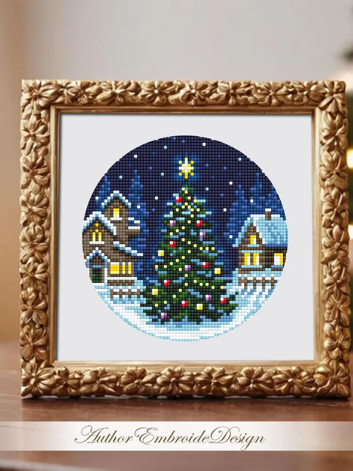 Christmas tree cross stitch pattern PDF download Winter landscape cross stitch chart, Christmas pattern digital PDF, Winter houses #N173