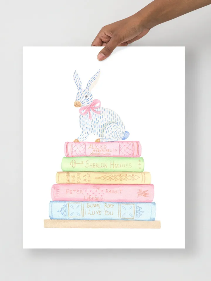 Book And Rabbit Watercolor Painting Print, Gift For Books Lover, Children Book, Book Lover Decor, Stack Of Books,Cute Baby Bunnies Art Print
