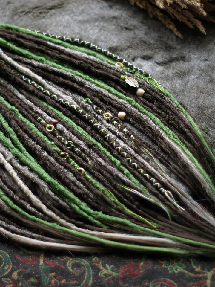 Boho Viking Dreadlock Extensions Handmade Brown Green White Faux Dreads Single or Double Ended with Beaded Wraps Boho Chic Hair Accessories