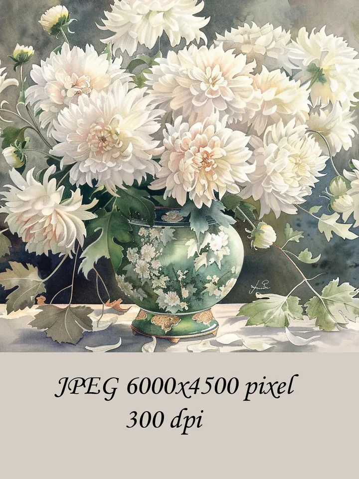 Bouquet of white chrysanthemum in a vase watercolor drawing, digital illustration, digital painting , wall art decoration. AI