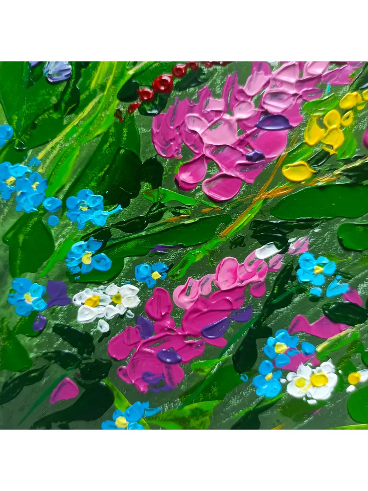 Abstract flower painting, "Wildflowers", original acrylic painting on cardboard 20x20cm, Impasto, Lupines, Forget-me-nots, Chamomiles