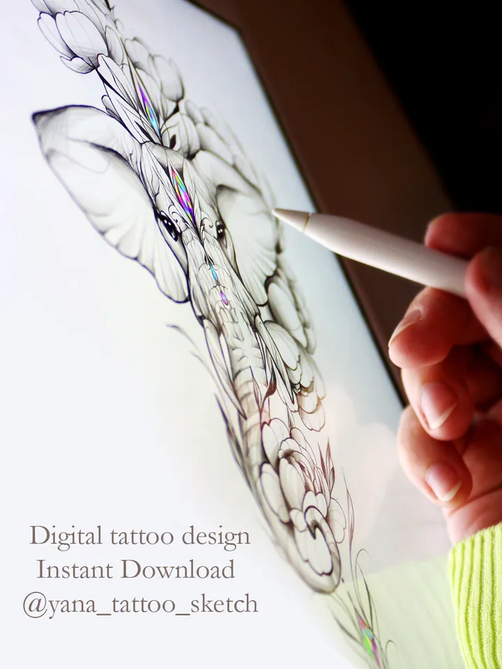 Elephant Tattoo Design With Flowers Head Elephant Tattoo Idea Stencil Sketch, Instant download PDF, JPG