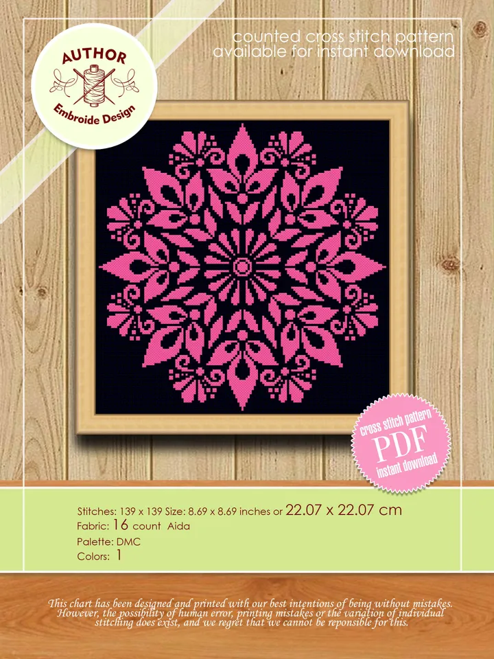 Flower mandala cross stitch pattern download PDF Mandala pattern digital Monochrome cross stitch chart Floral ornament cross stitch #M108