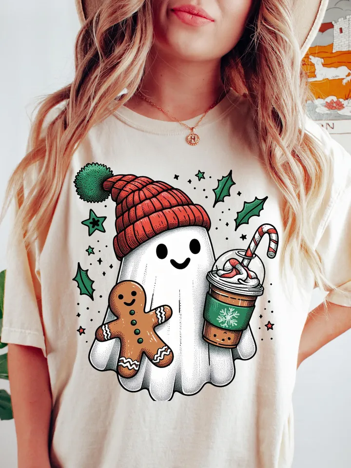 Vintage Christmas Ghost PNG for Retro Coffee Decor & Halloween Fun, Holiday PNG, Boojee Ghost - Spooky Holiday Decor, Christmas Trending Png