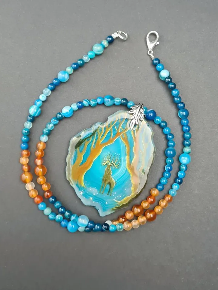 Deer necklace Agate necklace Real oil painting of deer Lacquer miniature