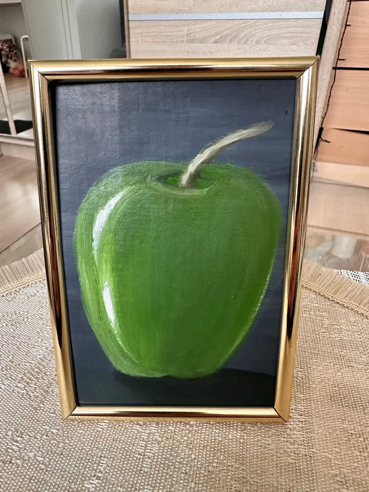 Oil Painting Green Apple Still Life Fruit Food Nature Cardboard 15x10 cm 6x4 inch Wall Decor In a gold frame