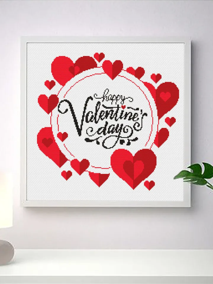 Happy Valentines day cross stitch pattern download PDF, Love quotes cross stitch chart, Cute heart embroidery PDF, Love lettering stitch #V3