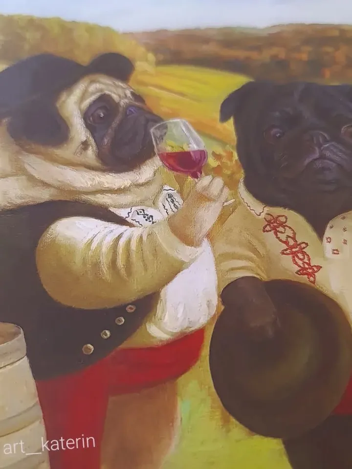print of oil painting Pugs in the vineyards