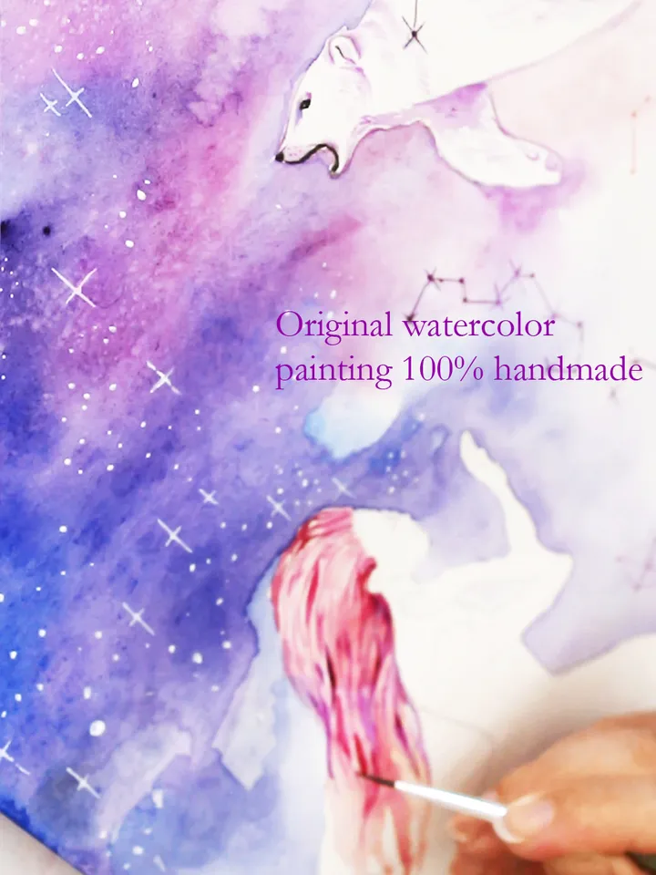 Starry Sky Painting Ursa Major Original Art Girl Watercolor Fairytale Artwork