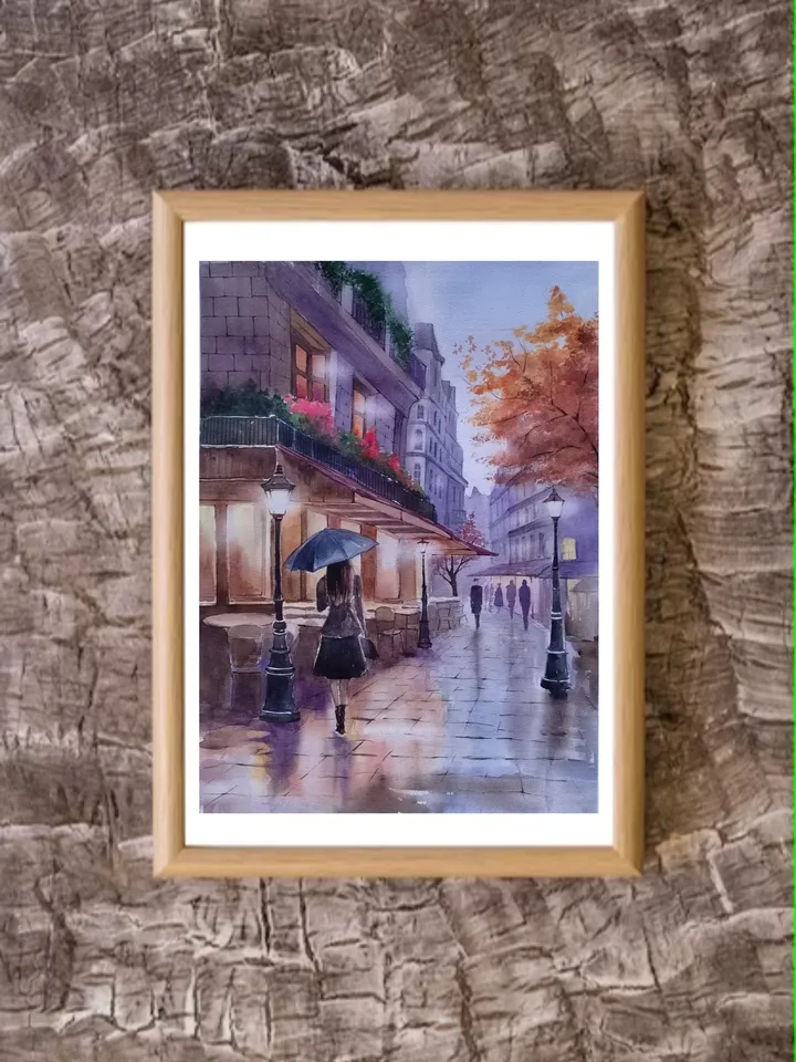 Old Paris Cafe Painting Girl Umbrella Art Cozy Cityscape Artwork Night Street Picture Original Watercolor Painting 11.8x15.7 in by SoftWaves