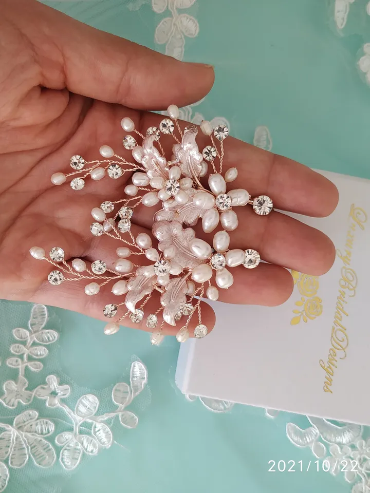 Rose Gold Vintage Leaf Wedding Earrings, Freshwater Pearl Floral Boho Wedding Earrings, Long Chandelier Statement Earrings, Bridal Jewelry