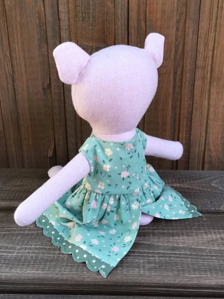 Pink pig girl, handmade wool plush toy, textile stuffed piggy doll