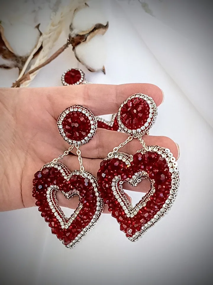 Crystal statement Red heart shaped earrings for women-big love earrings- dangle valentines earrings-heart gift for her