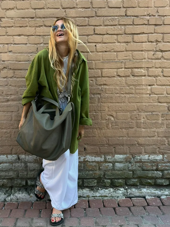 Genuine leather khaki green oversize tote shopper triple handle big bag / everyday purse / handmade bags / designer bags / summer bag /