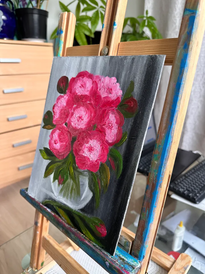 Oil Painting Bouquet of Pink Peonies in a Glass Vase Peonies Flowers Still Life Nature Wall Decor Cardboard 10x8 inches 26x21 cm
