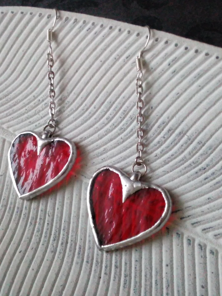 Red Heart glass earrings, valentines, st Valentine, women's heart earrings, kawaii earrings, Love earrings