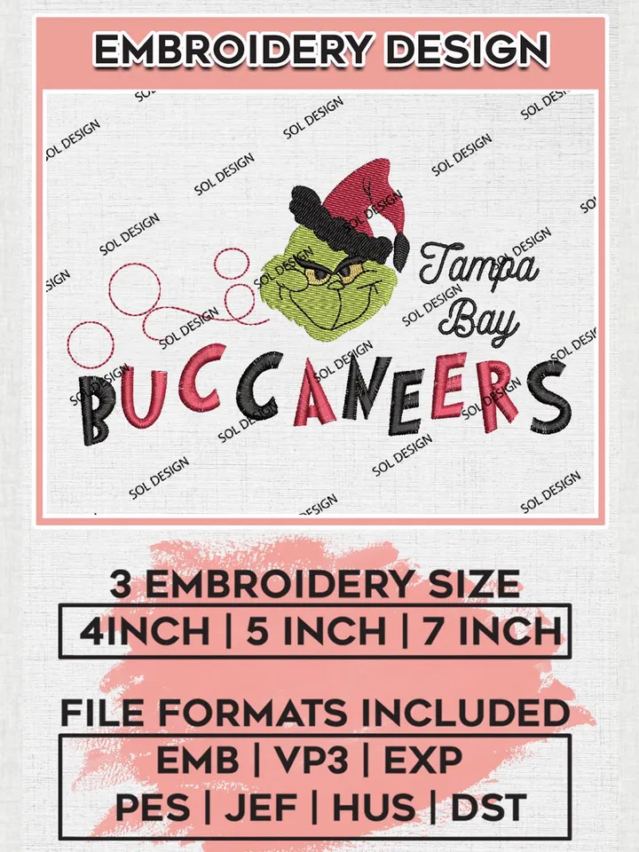 Christmas Grinch Tampa Bay Buccaneers Embroidery Designs, Grinch Embroidery Files, NFL Buccaneers Machine Embroidery Designs, NFL Tampa Bay Buccaneers Logo, NFL Christmas Machine Embroidery Design, Digital Download