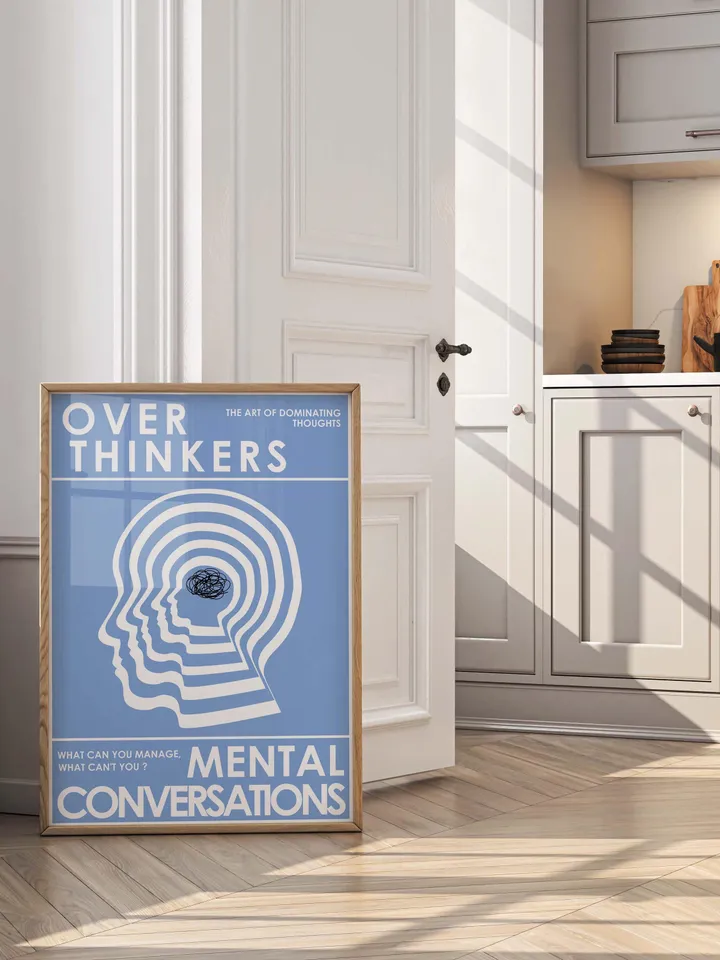 Overthinkers Wall Art Digital Print Retro Style Creativity Poster Eclectic Printable Artwork Trendy Room Decor Instant Download Blue White