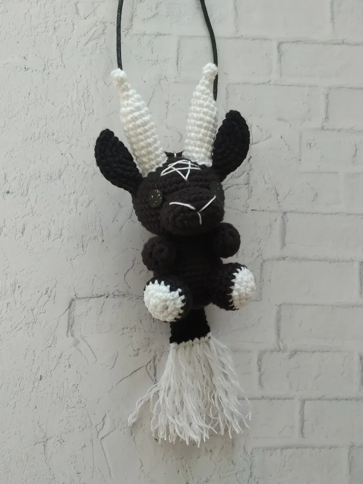 Baphomet gothic car accessories, crochet plushie car charm, hanging plush, creepy car decor, rear view mirror accessories, car interior, goth car, horror car decor, weird sharm, baphomet amigurumi, demon plushie
