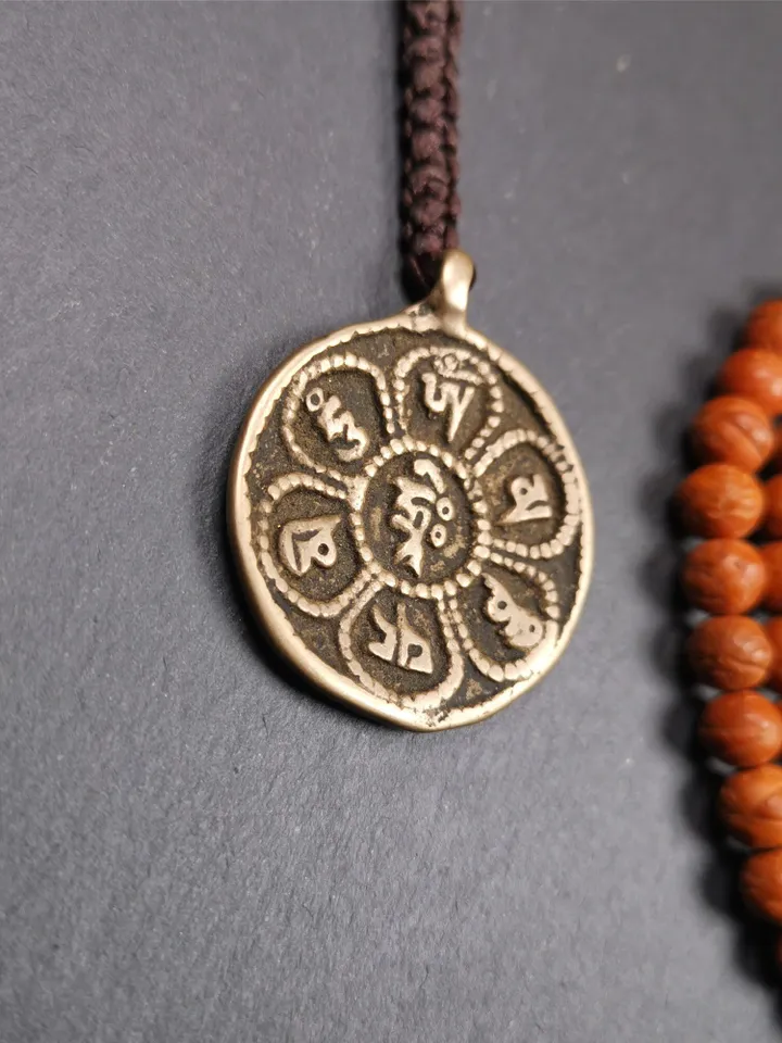 Gandhanra Handmade Tibetan Buddhist Amulet,Om Badge Pendant, Mantra of Om Mani Padme Hum, Made of Brass,1.38"
