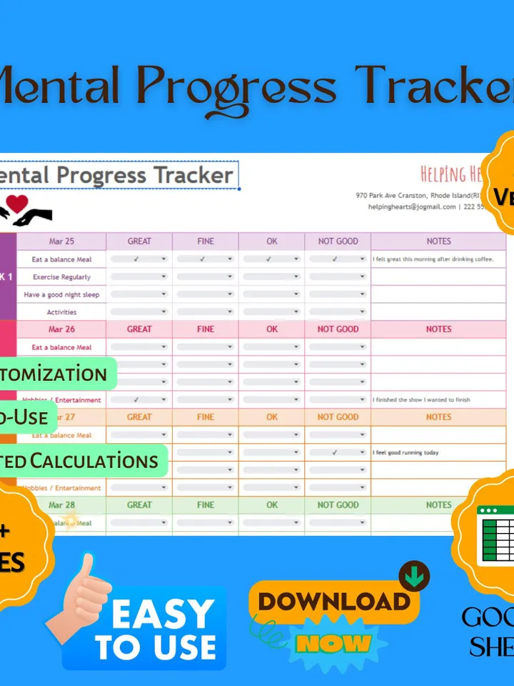 Mental Progress Tracker Template, Mood & Goal Tracking Tool for Personal Development and Mindset Growth, Google Sheets, Digital Download