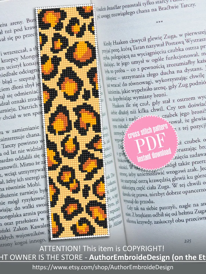 Bookmark cross stitch digital pattern PDF Handmade bookmark animal print xstitch chart Full coverage leopard print cross stitch pattern #B35
