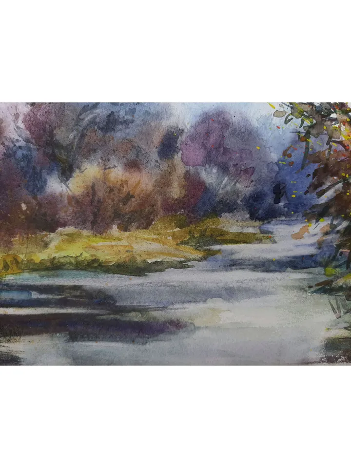 Autumn Pond Foggy Morning Melancholy Autumn ORIGINAL Watercolor Art 8x11 inches Signed by artist Marina Chuchko