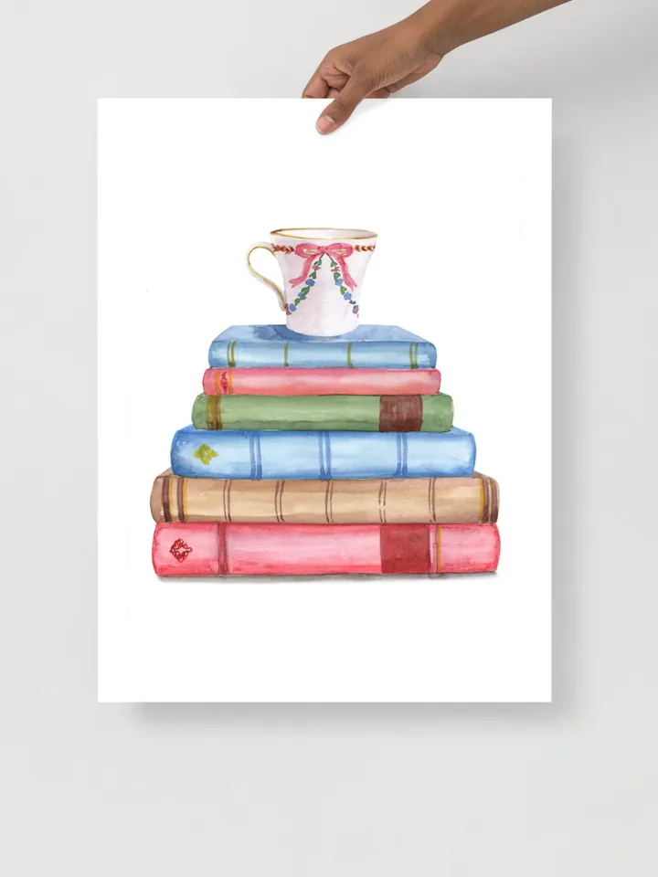 Vintage Book Art Print, Watercolor Painting Poster, Vintage Book Art, Watercolor Book Art, Home Office Wall Art, Stack Of Books, Library Art