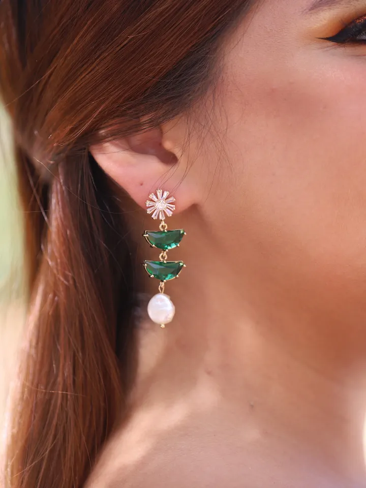 Art Deco Wedding Earrings, Baroque Freshwater Pearl Statement Bridal Earrings, Gold Emerald Green Chandelier Wedding Earrings, Boho Jewelry