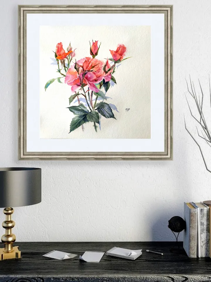 Rose Painting Floral original art 12 by 12 Red Flower watercolor square wall art Rose aquarelle by Natalia Plotnikova