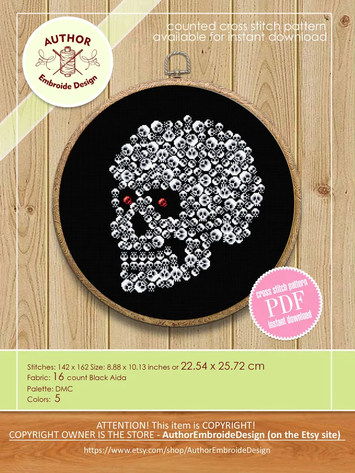 Halloween skulls cross stitch pattern download PDF Gothic ornament cross stitch chart, Horror Halloween pattern, Skull embroidery PDF #H51