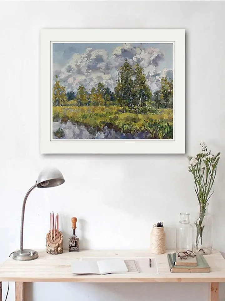 Autumn Painting Landscape Original Art Fall Nature Cloudy Day Birch Trees Canvas