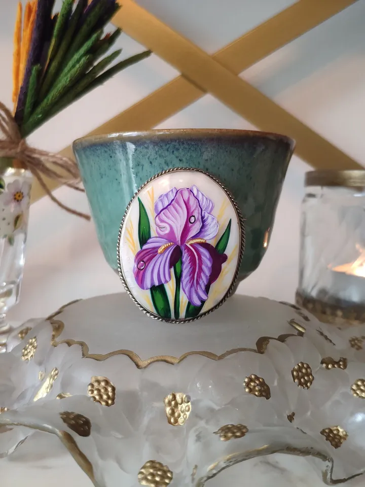 Brooches for women: Dainty pink Iris painted on lacquer brooch • Elegant jewelry pin with floral design • Impressive blossom pearl brooch