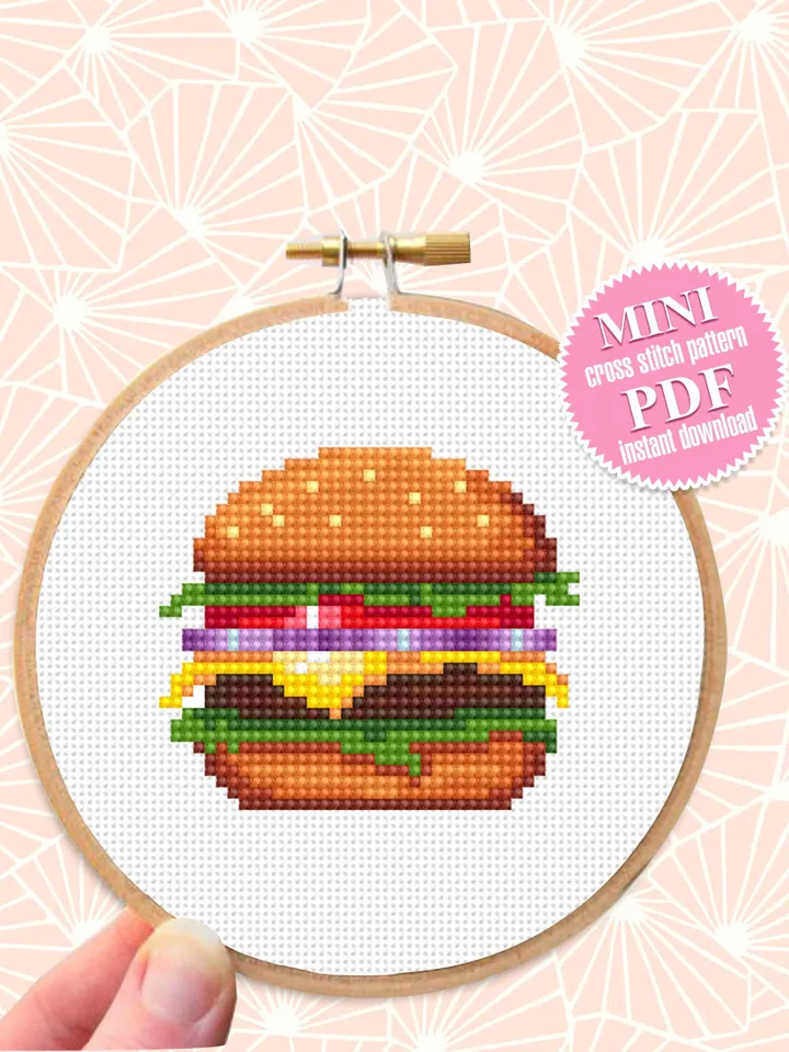 Burger small cross stitch pattern PDF Fast food cross stitch chart, Funny mini cross stitch Instant download PDF, Kawaii hand embroidery #F4