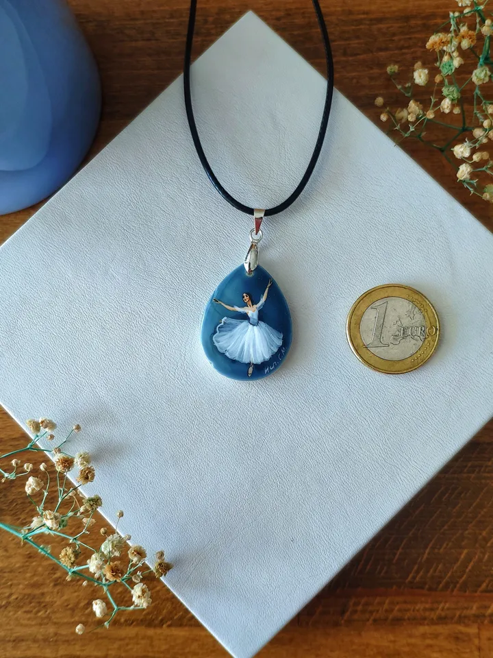 Pearl pendant necklace: Thumbelina tiniest ballerina dancer • Painted lacquer art shell • Original extra small painting on dainty pendant