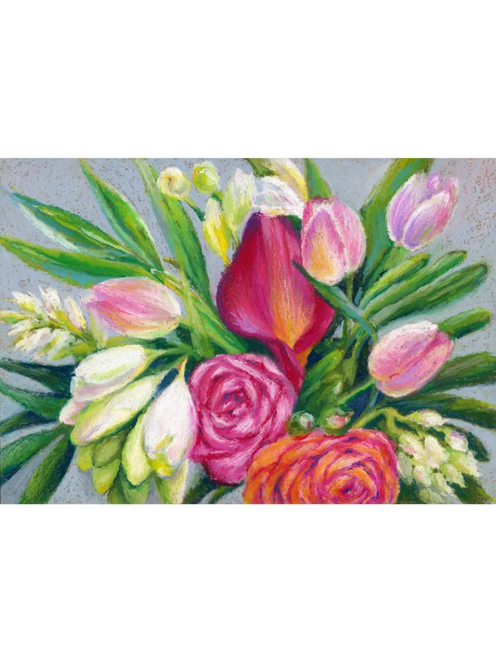 Bouquet of flowers Calla Roses Tulips Oil Pastel drawing on A4 craft paper