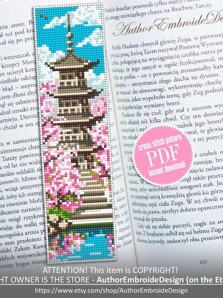 Spring bookmark cross stitch pattern PDF download Japanese pagoda cross stitch chart for beginner, Sakura bookmark pattern digital PDF #B470