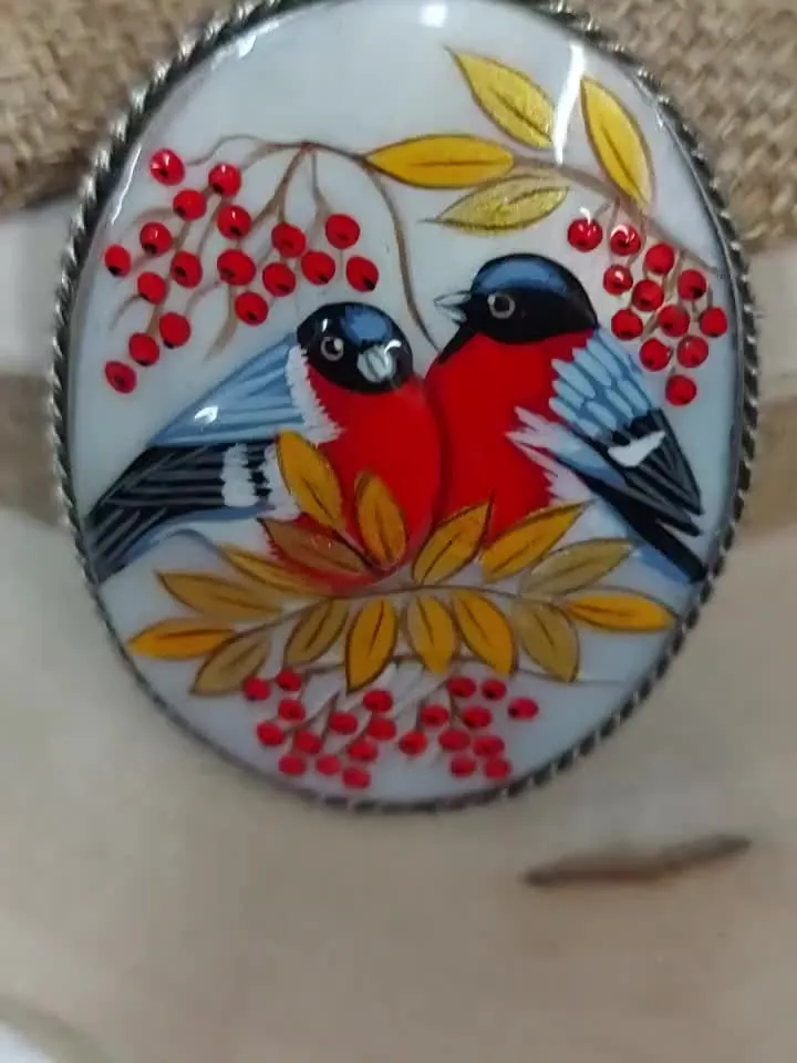 Russian jewelry brooch: Bullfinches couple. Hand painted miniature. Russian fine art style Fedoskino on abalone shell. Gift art pin for her