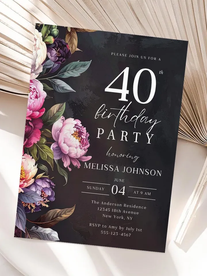 Modern 40th Birthday Canva Template – Moody Burgundy & Blush Peony Floral Invitation, Elegant Dark Background Birthday Party Invite